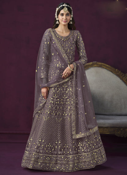 Vegaa Fashion Designer Purple Net Embroidery Anarkali Suit