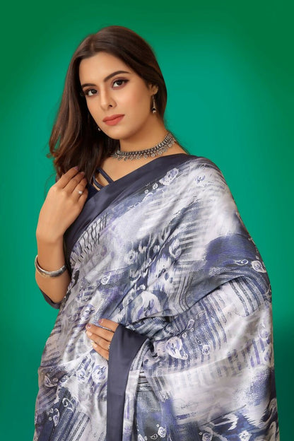 Aayaa Designer Printed Satin Saree - Multi Color