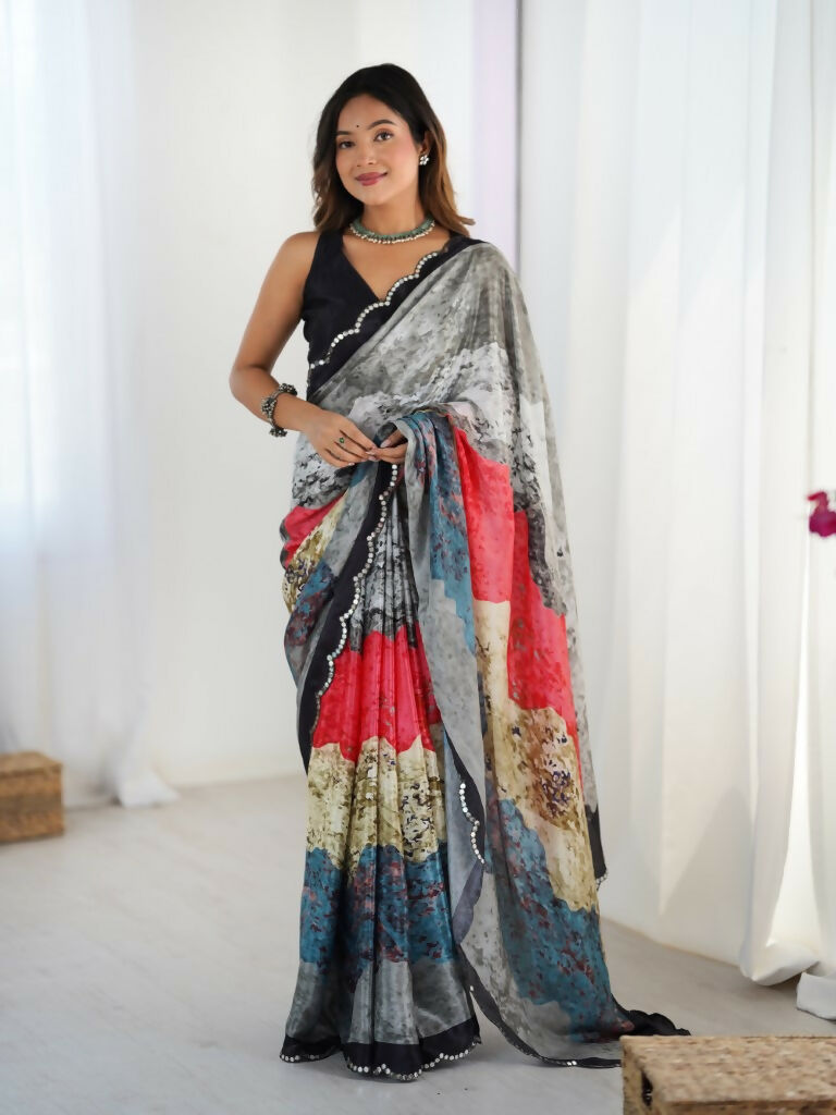 Grey Chinon Designer Digital Printed,Mirror Cut Work Saree - Sohni