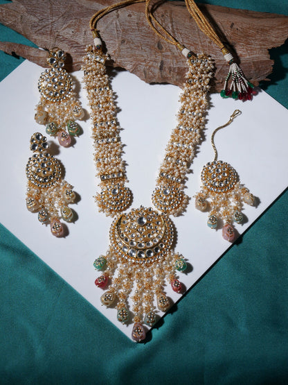 Long Kundan Neckpiece with Earrings & Maang Tikka with Multi Stones Jewellery Set (Gold) - Ruby Raang