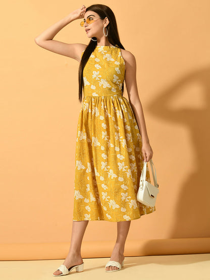 Myshka Women's Yellow Fit and Flare Party Dress