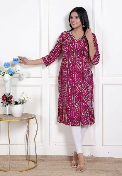 Miravan Womens Magenta Bandhej Printed Rayon Kurti