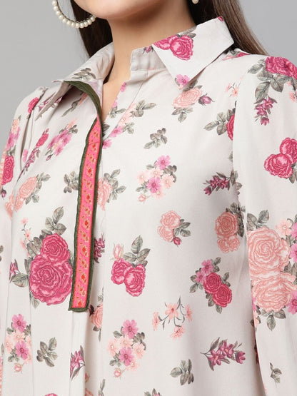 Ahalyaa Women Beige Crepe Digital Floral Print Tunic