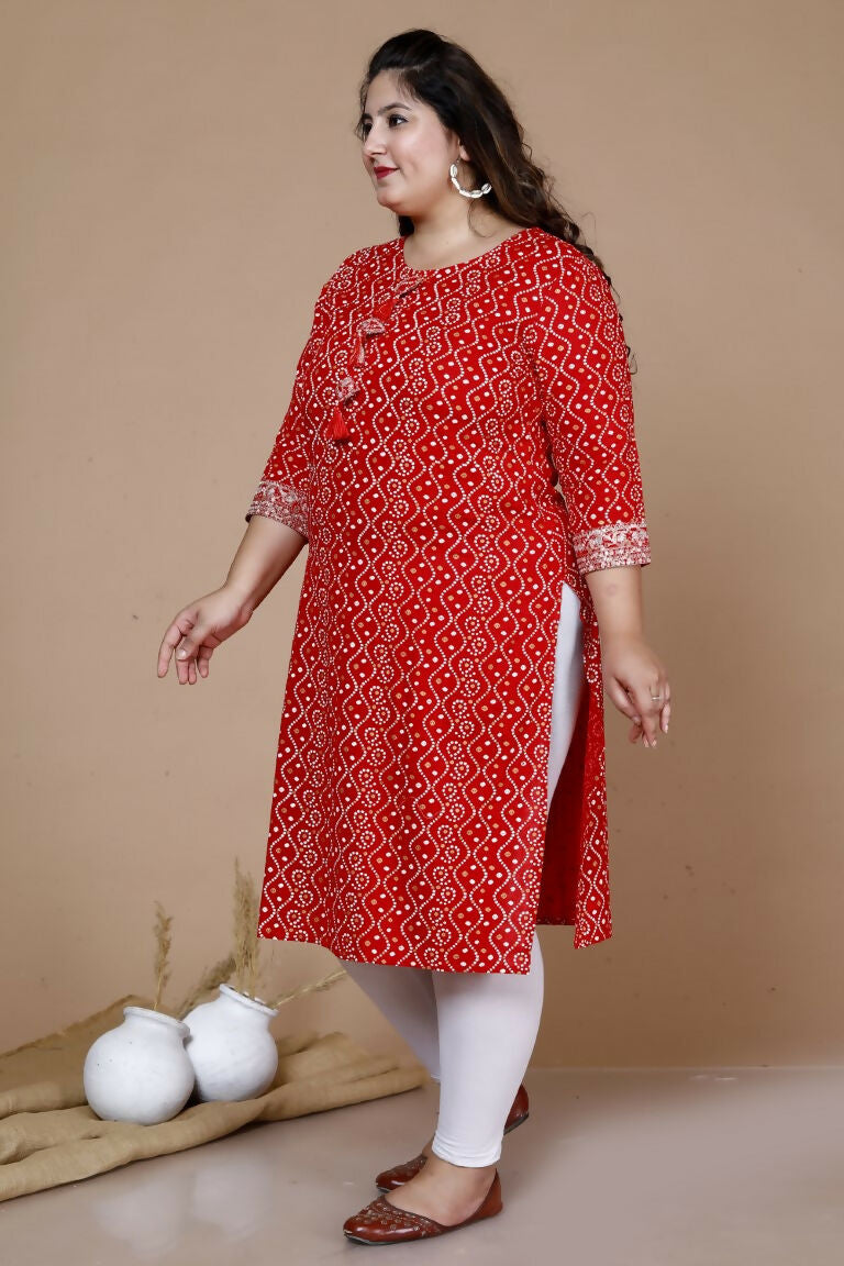 Miravan Women's Plus Size Festive Wear Red Bandhani Printed Straight Kurta