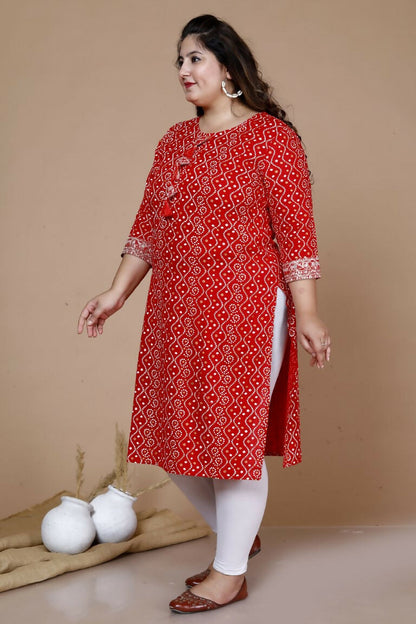 Miravan Women's Plus Size Festive Wear Red Bandhani Printed Straight Kurta