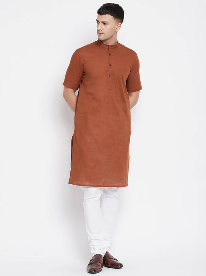 Even Apparels Brown Pure Cotton Men's H/S Kurta With Band Collar