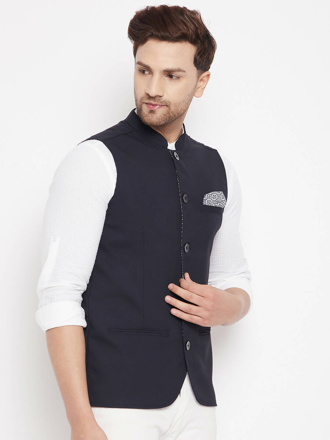 Even Apparels Navy Merino Men's Nehru Jacket-Contrast Lining-Inbuilt Pocket Square