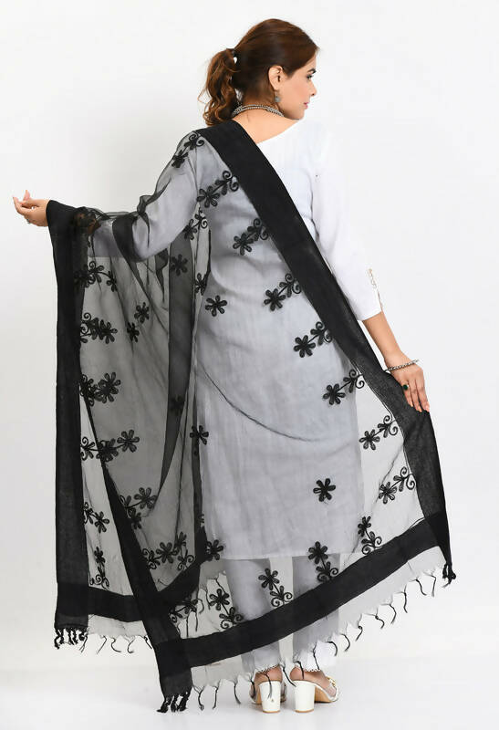 Mominos Fashion Moeza Women's Orgenza All Over Chikan Work Black Dupatta