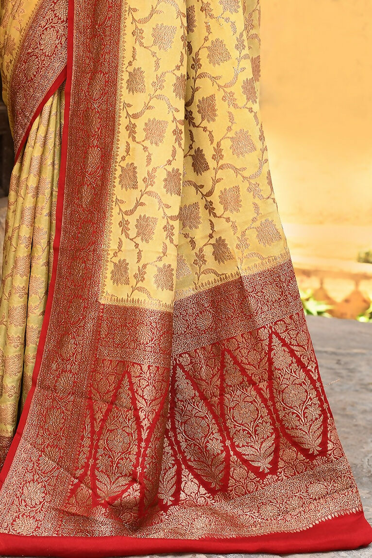 Joban Fashion Yellow Crepe Chiffon Pure Handloom Banarasi Silk Saree