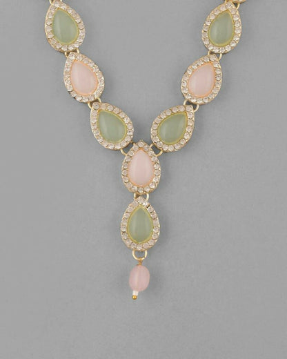 VOJ Gold-Polished Nude Pink And Mint Green Stone Studded Jewellery Set With Maang Tikka