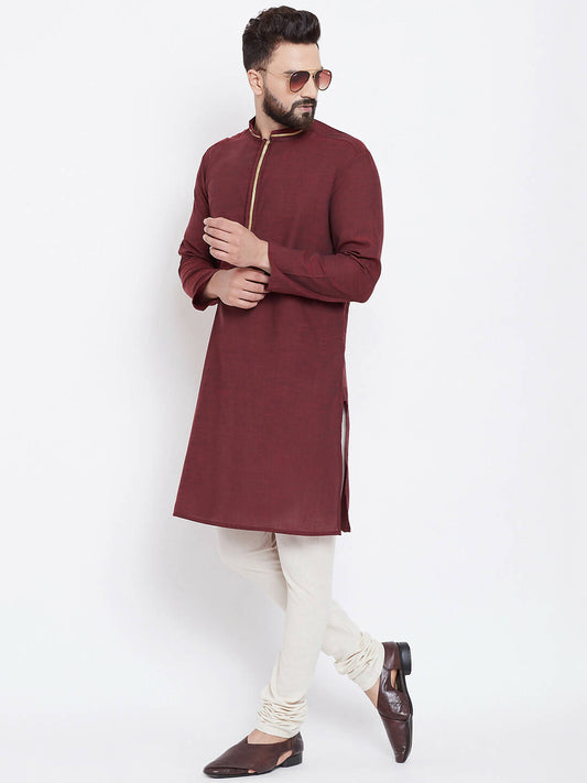 Even Apparels Maroon Pure Cotton Men's Kurta With Band Collar