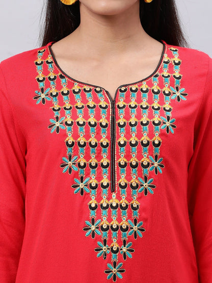 Souchii Red Yoke Design Thread Work Grandeur & Majestic Artwork Kurta