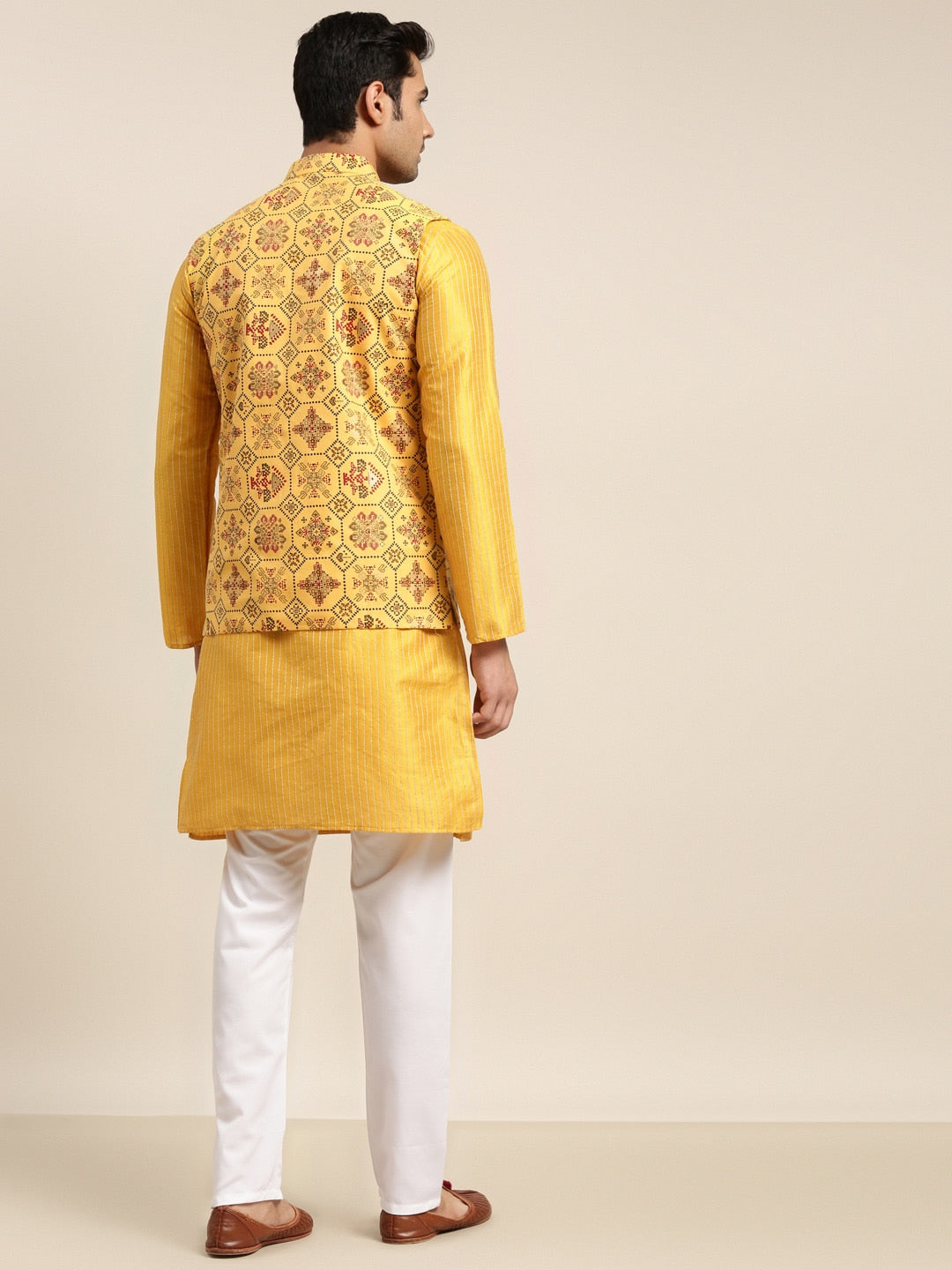 Sojanya Men Mustard Yellow Kurta with Churidar & Nehru Jacket