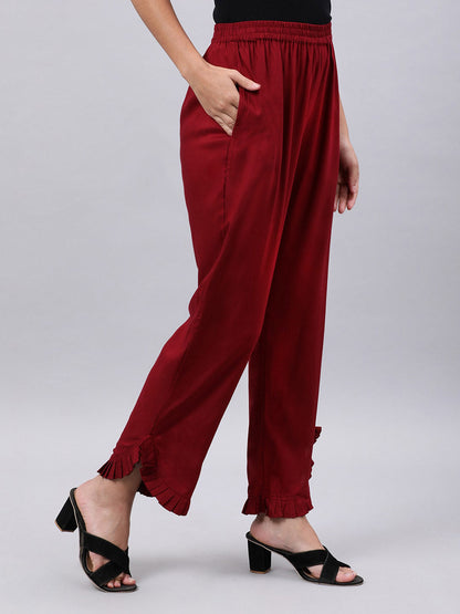 Souchii Women Maroon Solid Pleated Ruffled Liva Palazzos