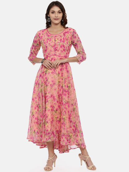Souchii Women Pink & Yellow Floral Printed Fit & Flare Dress