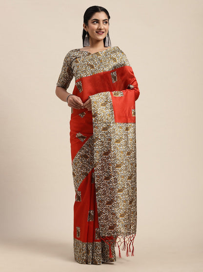 Saree Mall Rust Red & Orange Art Silk Printed Bhagalpuri Saree