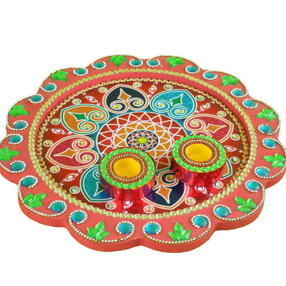 Kundan HandiKrafts Mdf Flower Pooja Thali - Red