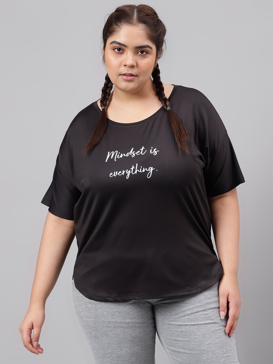 MKH Plus Size Typography Printed Dri-FIT Relaxed Fit Drop-Shoulder Sleeves Gym T-shirt