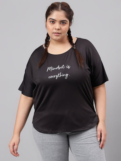 MKH Plus Size Typography Printed Dri-FIT Relaxed Fit Drop-Shoulder Sleeves Gym T-shirt