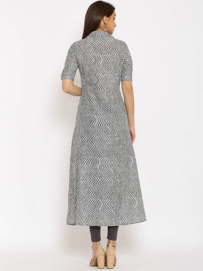 HERE&NOW Grey Shirt Collar Chevron Printed Roll Up Sleeves A-Line Kurta