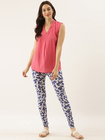 Souchii Women White & Blue Printed Slim-Fit Ankle-Length Leggings
