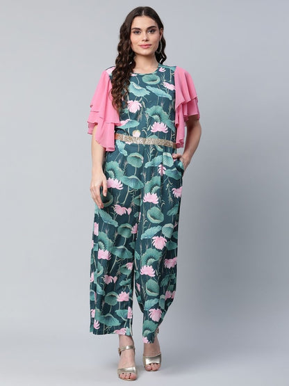 Ahalyaa Women's Dark Green Crepe Printed Jumpsuit