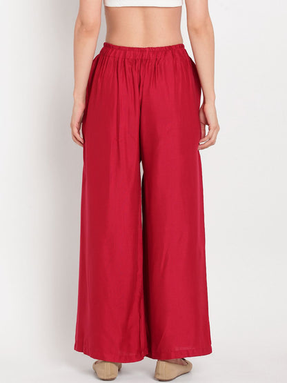 TAG 7 Women Set of 2 White & Red Solid Flared Palazzos