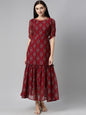 Souchii Maroon & Blue Ethnic Motifs Chiffon Maxi Dress