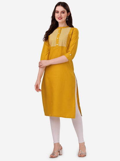 HERE&NOW Yoke Design Mandarin Collar Thread Work Cotton Kurta