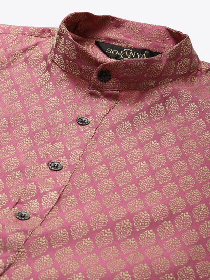 Sojanya Men Pink Ethnic Motifs Kurta with Churidar & Nehru Jacket