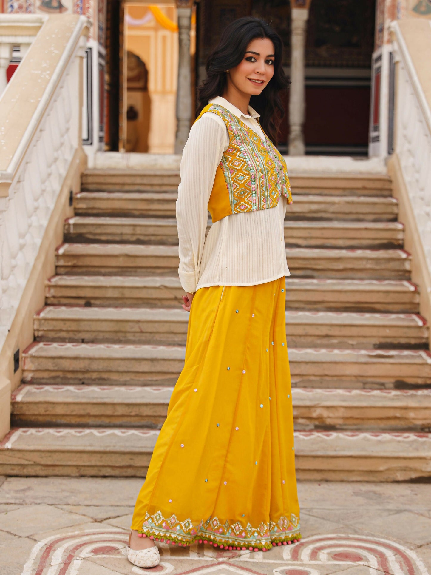 Juniper Women's Mustard Thread Embroidered Georgette Shirt Jacket & Palazzo Set With Mirror Work & Sequins