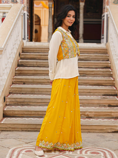 Juniper Women's Mustard Thread Embroidered Georgette Shirt Jacket & Palazzo Set With Mirror Work & Sequins