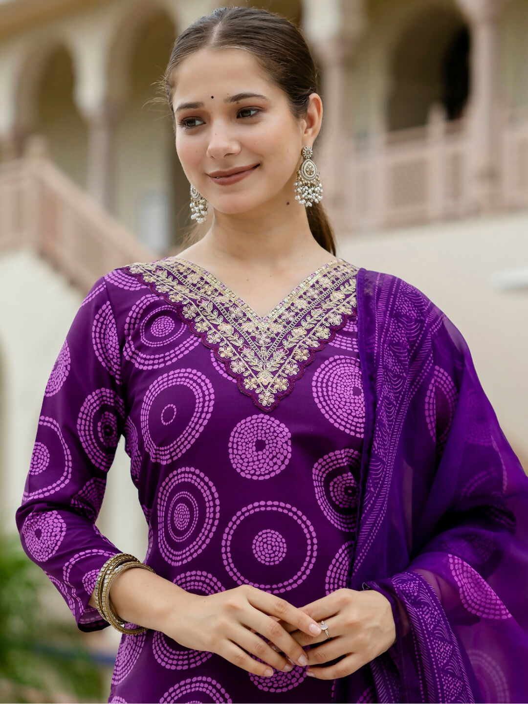 The52 Purple Women's Gorgeous Rayon Embroidered Straight Kurta with Pant And Dupatta Set