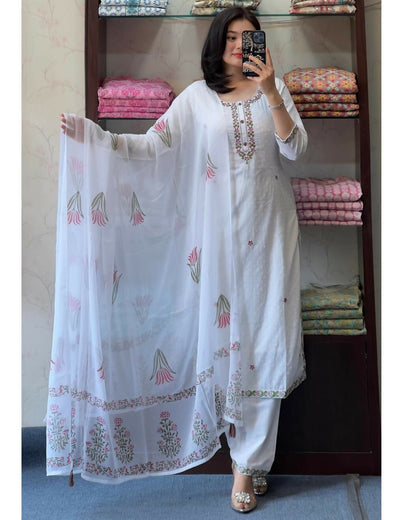 The52 White Women's Gorgeous Georgette Butti Fabric Embroidered Work Straight Kurta Pant and Dupatta Set