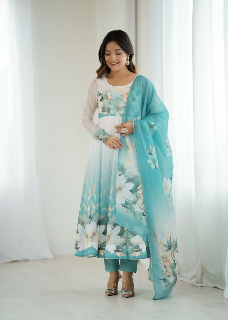 Teeya Creation Aquablue Color Soft organza Silk Digital Print Party Wear Gown