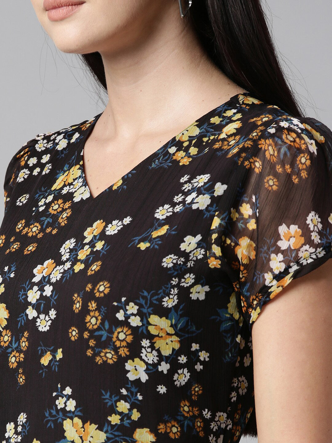 Souchii Women Black Floral Chiffon Maxi Dress