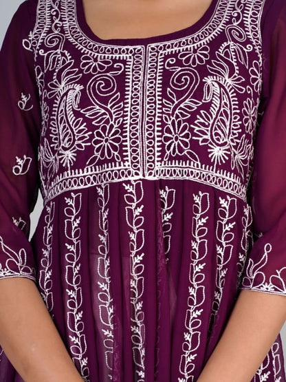 HERE&NOW Purple & White Floral Embroidered Paneled Georgette Anarkali Kurta