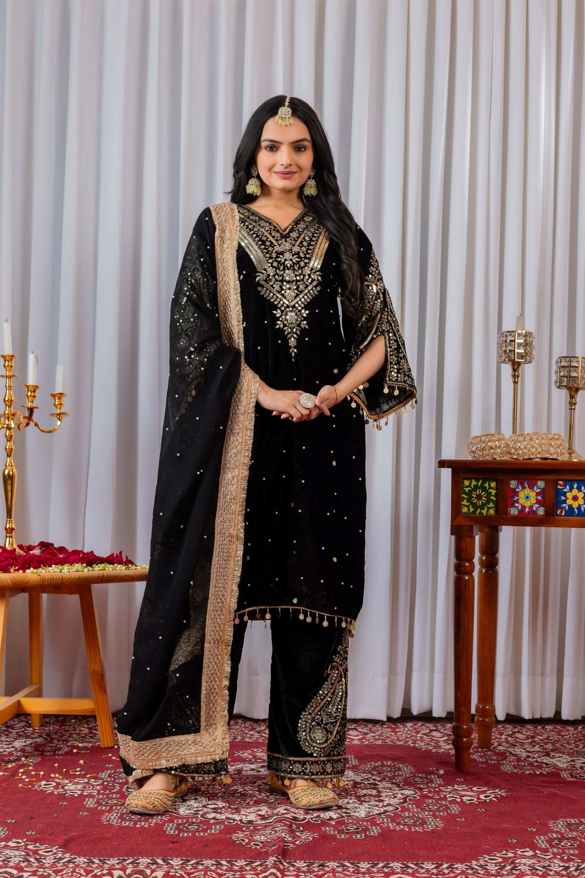 Joban Fashion Black Velvet Embroidery Kurta Set