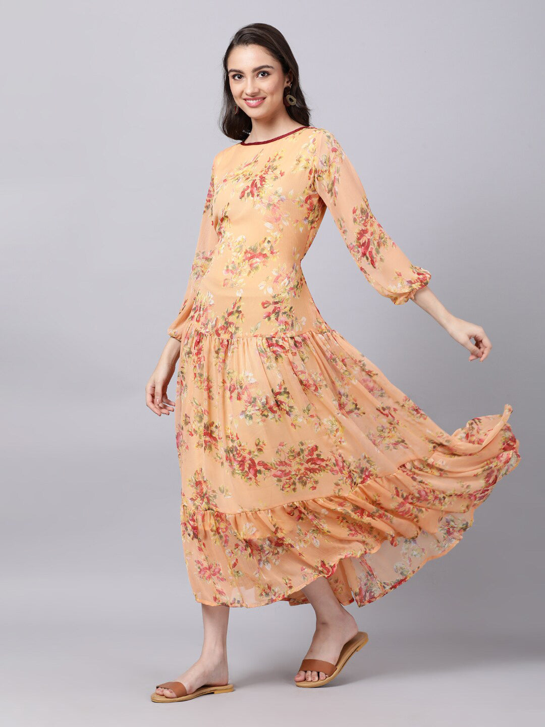 Souchii Floral Printed Boat Neck A-Line Maxi Dress