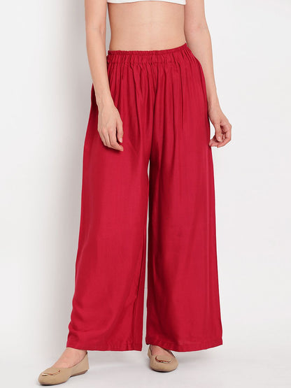 TAG 7 Women Set of 2 White & Red Solid Flared Palazzos