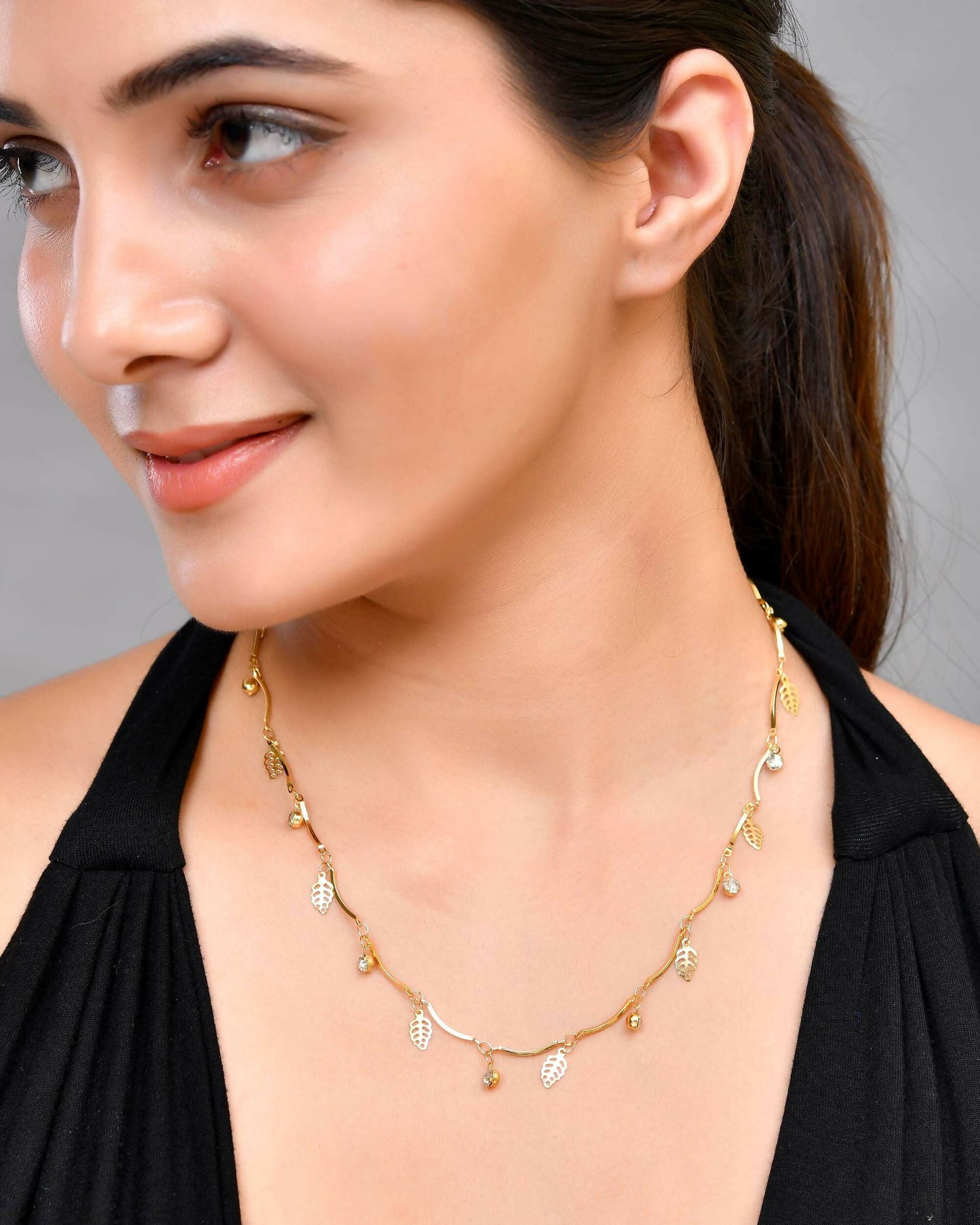 VOJ Gold-Polished Designer Chain For Women With AD Stone And Leaf