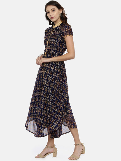 Souchii Navy Blue & Gold Floral Print Fit and Flare Dress