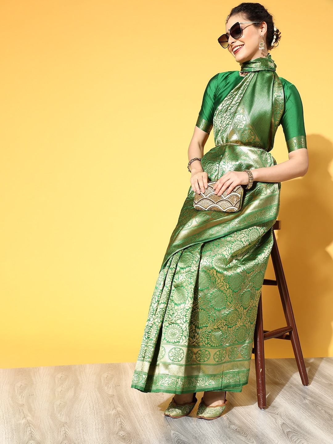 Saree Mall Green & Golden Woven Design Banarasi Saree
