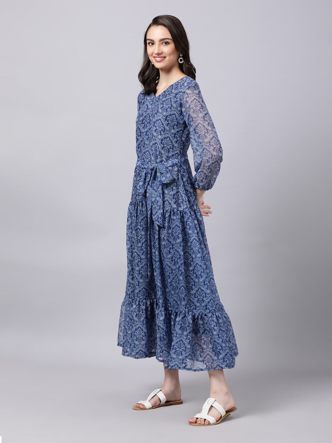 Souchii Blue Ethnic Motifs Printed Chiffon Maxi Tiered Dress
