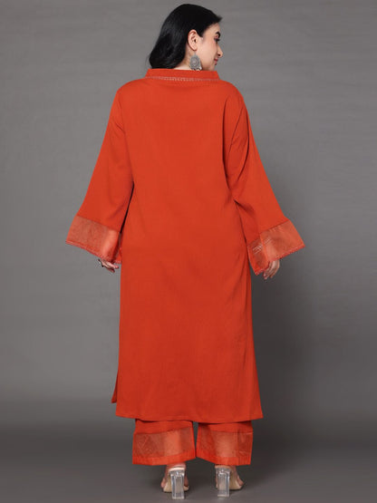 Sztori Plus Size V Neck Regular Silk Crepe Straight Kurta with Trousers