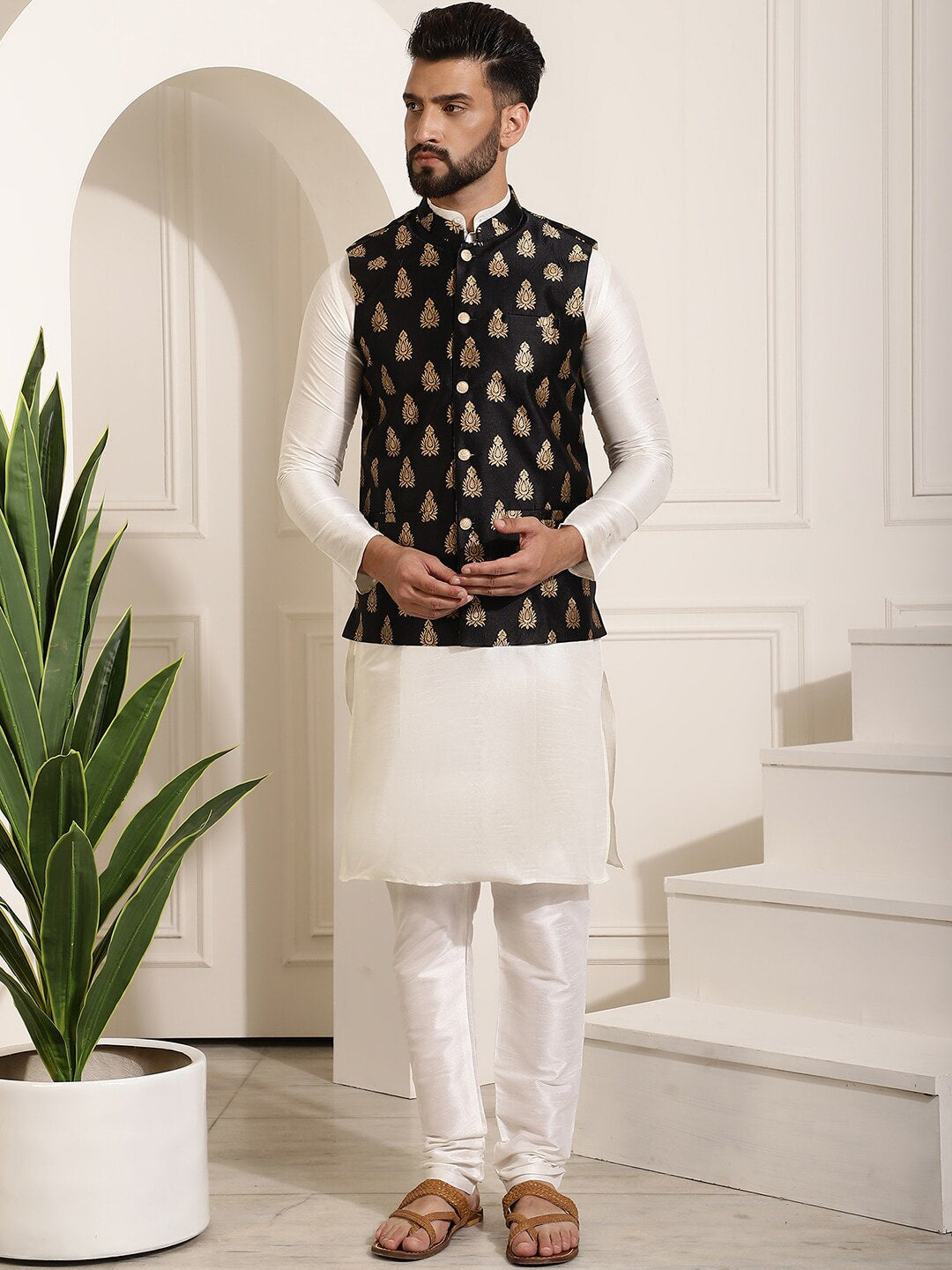 Sojanya Band Collar Straight Kurta & Churidar with Nehru jacket