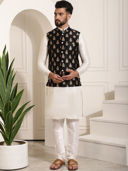 Sojanya Band Collar Straight Kurta & Churidar with Nehru jacket