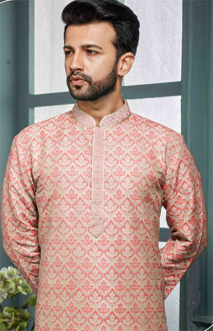 Joban Fashion Men's Peach Poly Jacquard Kurta Pajama