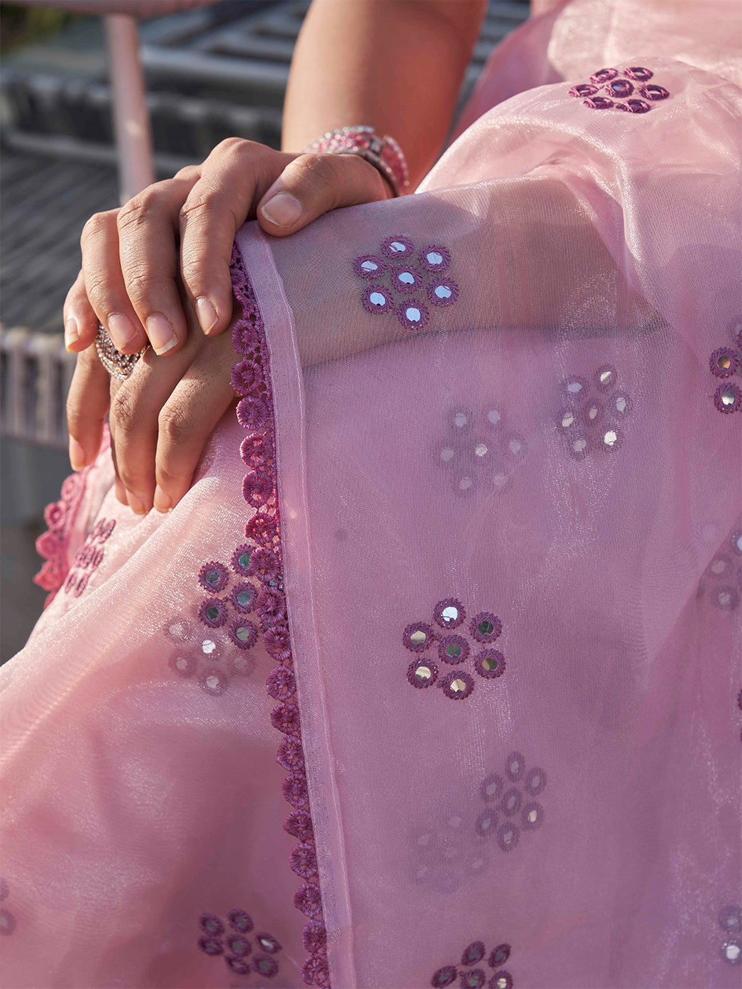 Tikhi Imli Floral Mirror Work Organza Saree