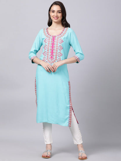 Souchii Women Blue & Pink Embroidered Round Neck Straight Kurta